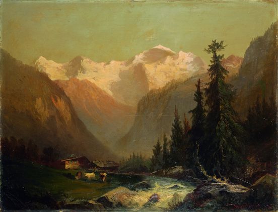 Öl-Gemälde "Chalet mit Eiger, Mönch und Jungfrau" von Ferdinand Hodler, 1872