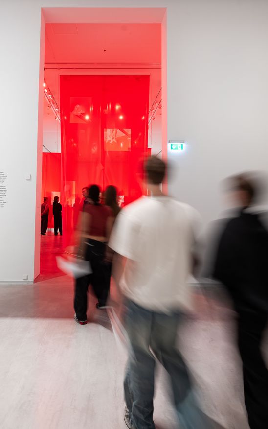 Exhibition view "Özlem Altın": View of the entrance to the exhibition with a back view of slightly blurred people moving towards the exhibition space.