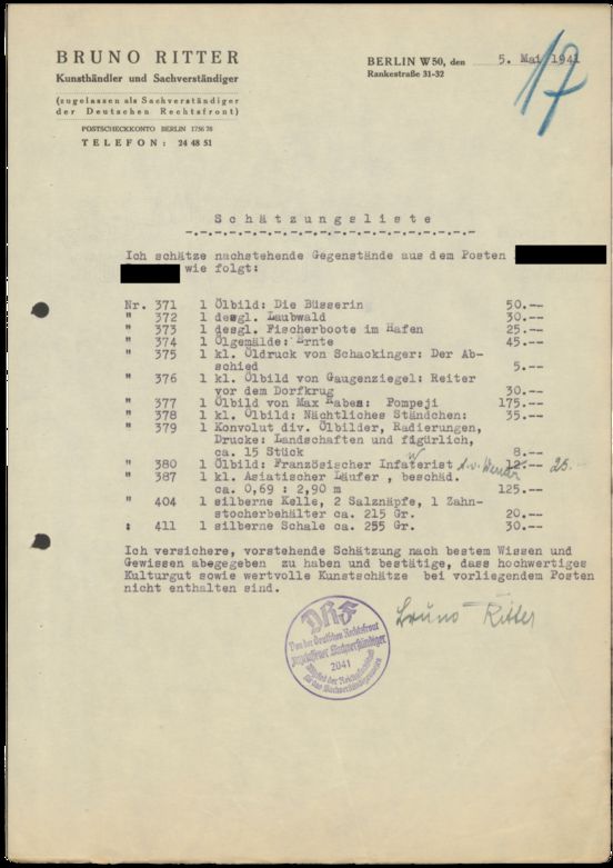 Archiv Dokument: Schätzungsliste auf offiziellem Briefpapier von Bruno Ritter, Kunsthändler und Sachverständiger, datiert auf den 5. Mai 1941 in Berlin. Die Liste enthält verschiedene Kunstgegenstände, darunter Ölbilder, Drucke und Silberwaren, jeweils mit einer Schätzsumme in Reichsmark. Ein Stempel der "Deutschen Rechtsfront" sowie die Unterschrift von Bruno Ritter befinden sich am unteren Rand des Dokuments.