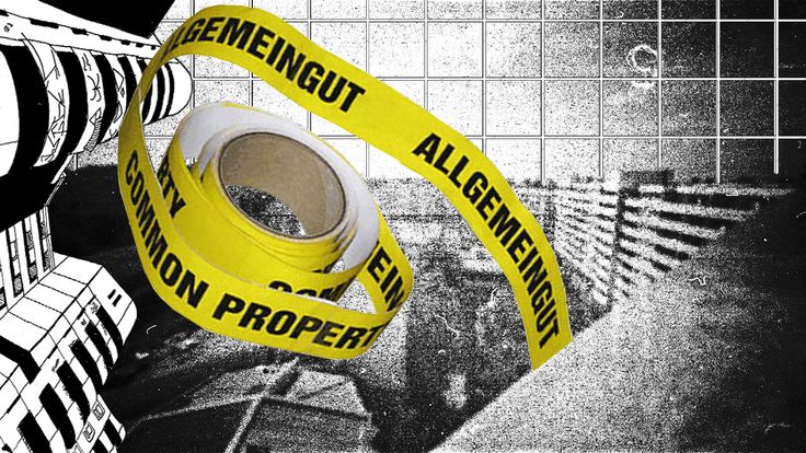 Collage: In schwarz-weißem Druck sind Gebäudeteile des Kotti (Kottbusser Tor) und Fliesen zu sehen. Der Vordergrund zeigt eine leuchtend gelbe Kleberolle mit der Aufschrift „Allgemeingut / Common Property“.
