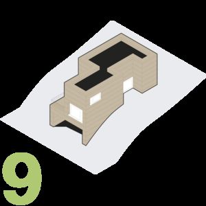 Figure 9: Graphic illustration of a clay building with a flat roof built into a slope.