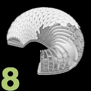 Figure 8: Graphic illustration of the semi-circular mushroom building, the outer wall of which is being dismantled. Some of the mushroom bricks are already missing, exposing the timber construction underneath. 