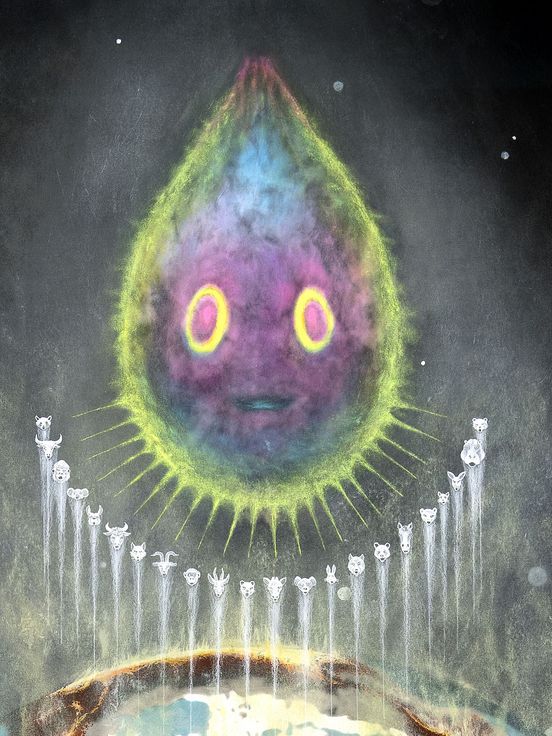 Böhler & Orendt: Incantation, (Zeichnung aus der Serie:) The Spirit of the B·U·D or The Sweet Certainty of Deliverance from the Darkness that Surrounds Us (Detail), 2021 (Acrylfarbe, Tusche, Pastell und Ink-Jet Print auf Aquarellpapier), Courtesy Böhler & Orendt