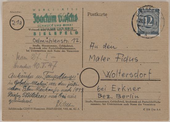 Rückseite einer Postkarte, Papier, handbeschrieben