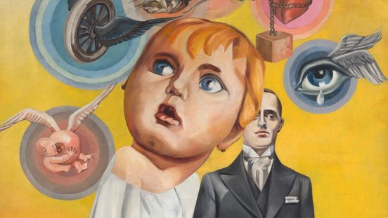 A bride with an oversized childlike head and questioning gaze wears a white dress. Beside her stands a stiff, motionless groom. They are surrounded by symbolic objects such as a winged box, a teardrop-shaped eye, a baby, and a heart chained to a block. It seems to be a surreal scene.