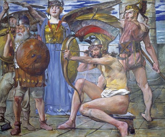 Lovis Corinth, Wandschmuck der Villa Katzenellenbogen (Odysseus im Kampf mit den Freiern), Gemäldezyklus von insgesamt 11 Bildern, 1913, © Urheberrechte am Werk erloschen