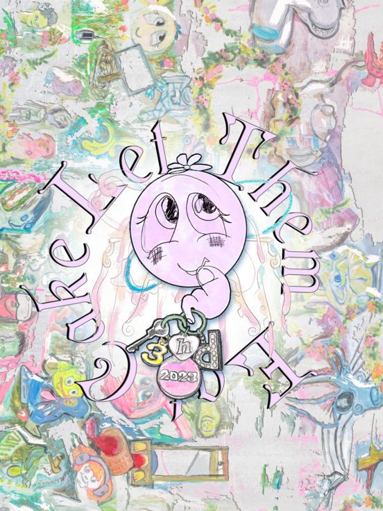Ankündigungsgrafik: Vor buntem Hintergrund steht in rosa Schrift „Let Them Eat Cake“ sowie „3hd 2023“. Der Schriftzug des Titels legt sich kreisförmig um einen lächelnden rosa Smiley.