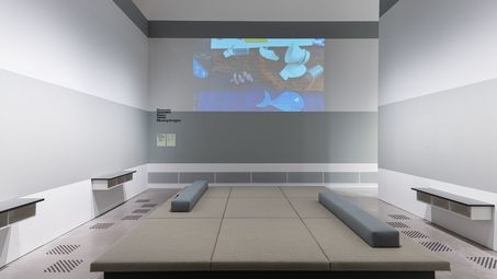 Photo: In the centre of a room is a large upholstered seating and reclining area. Sideboards on the walls to the right and left. An image is projected onto the centre wall.