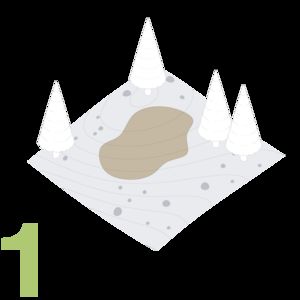 Figure 1: Cartographic illustration of a landscape with four trees and a body of water.