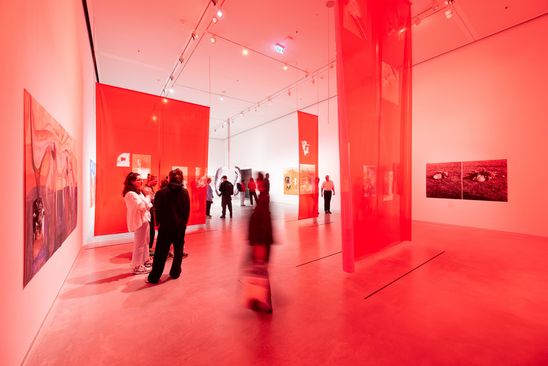 Exhibition view "Özlem Altın": View into the exhibition space, which is bathed in colored light by red-orange foils hanging from the ceiling as photo installations.