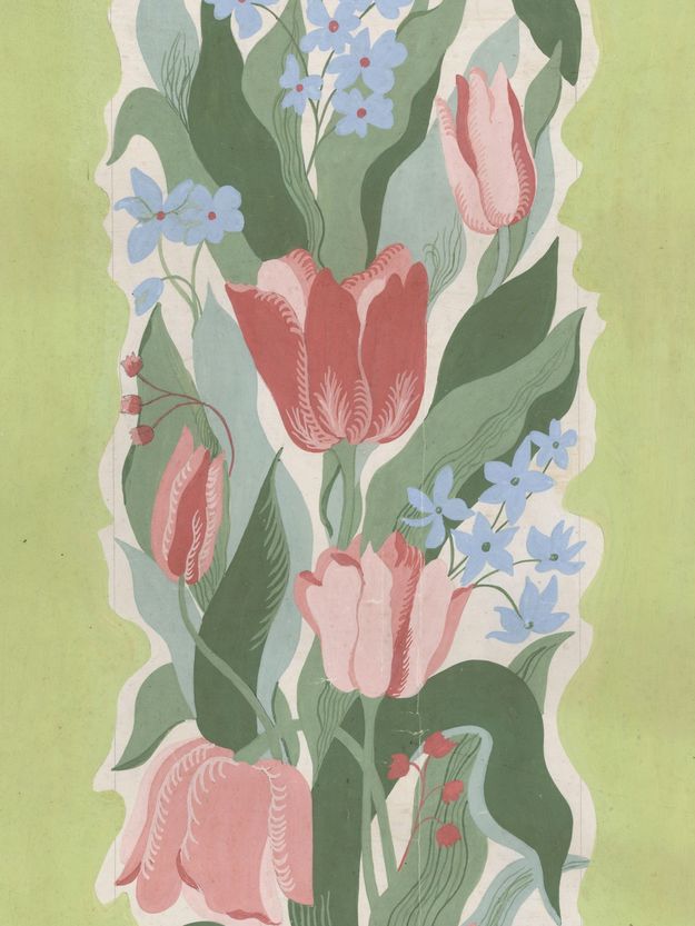 Ruth Hildegard Geyer-Raack, Stoffcoupon und Papierentwurf mit Tulpen, Azaleen, Fleißigen Lieschen und Vergissmeinnicht, um 1932