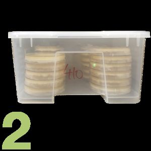 Figure 2: Cut-out photo of a milky-transparent box with lid containing stacked pure fungal cultures on agar plates.
