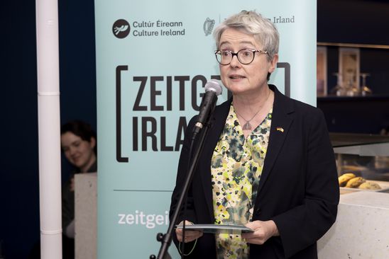 Foto: Eine Person mit kurzen grauen Haaren steht vor einem Banner, auf dem „Zeitgeist Irland“ steht und spricht in ein Mikrofon.