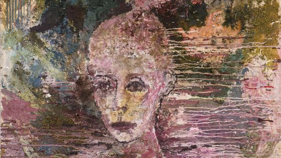 Portrait of a girl painted in an expressive, distorted style. The head is surrounded by bold, vivid colors and thick brushstrokes
