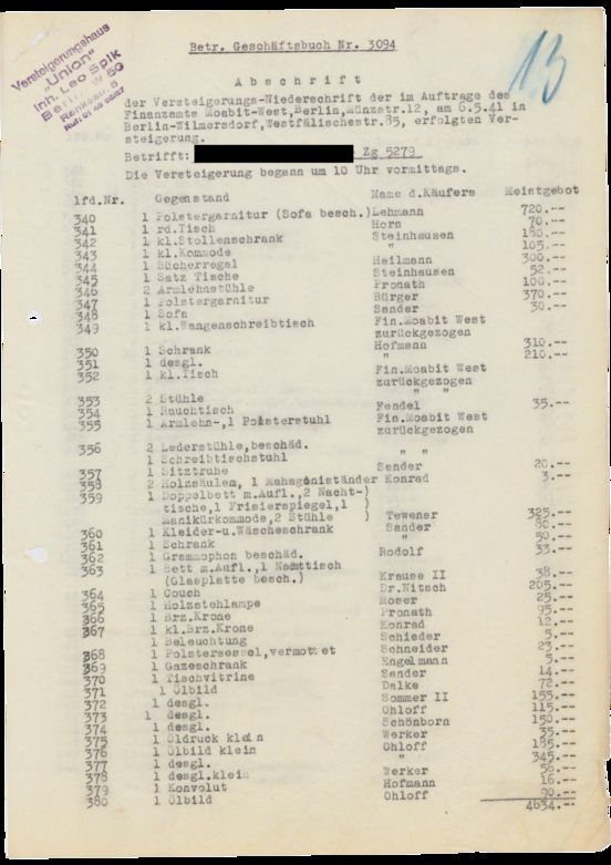 Archiv Dokument: Auktionsniederschrift auf offiziellem Briefpapier des Versteigerungshauses Leo Spik, datiert auf den 6. Mai 1941 in Berlin. Das Dokument listet verschiedene versteigerte Gegenstände, darunter Möbelstücke, Lampen, Gemälde und Haushaltsgegenstände, jeweils mit dem Namen des Käufers und dem erzielten Höchstgebot in Reichsmark. In der oberen linken Ecke befindet sich ein Stempel des Versteigerungshauses, oben rechts eine handschriftliche Zahl.