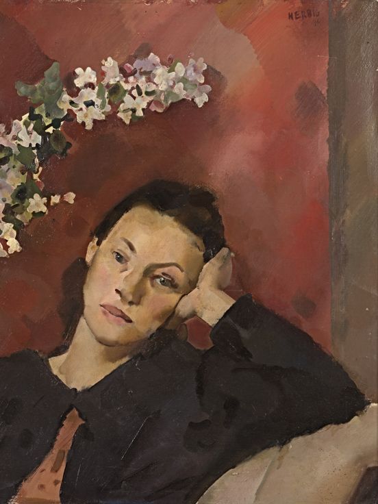 Otto Herbig, Mädchen vor der Vase mit Blütenzweigen, 1946