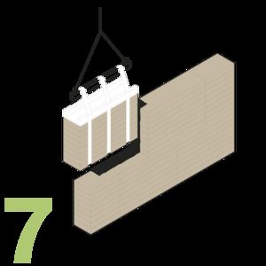 Figure 7: Graphic illustration of a wall made of clay building elements that are stacked on top of each other using a small crane.