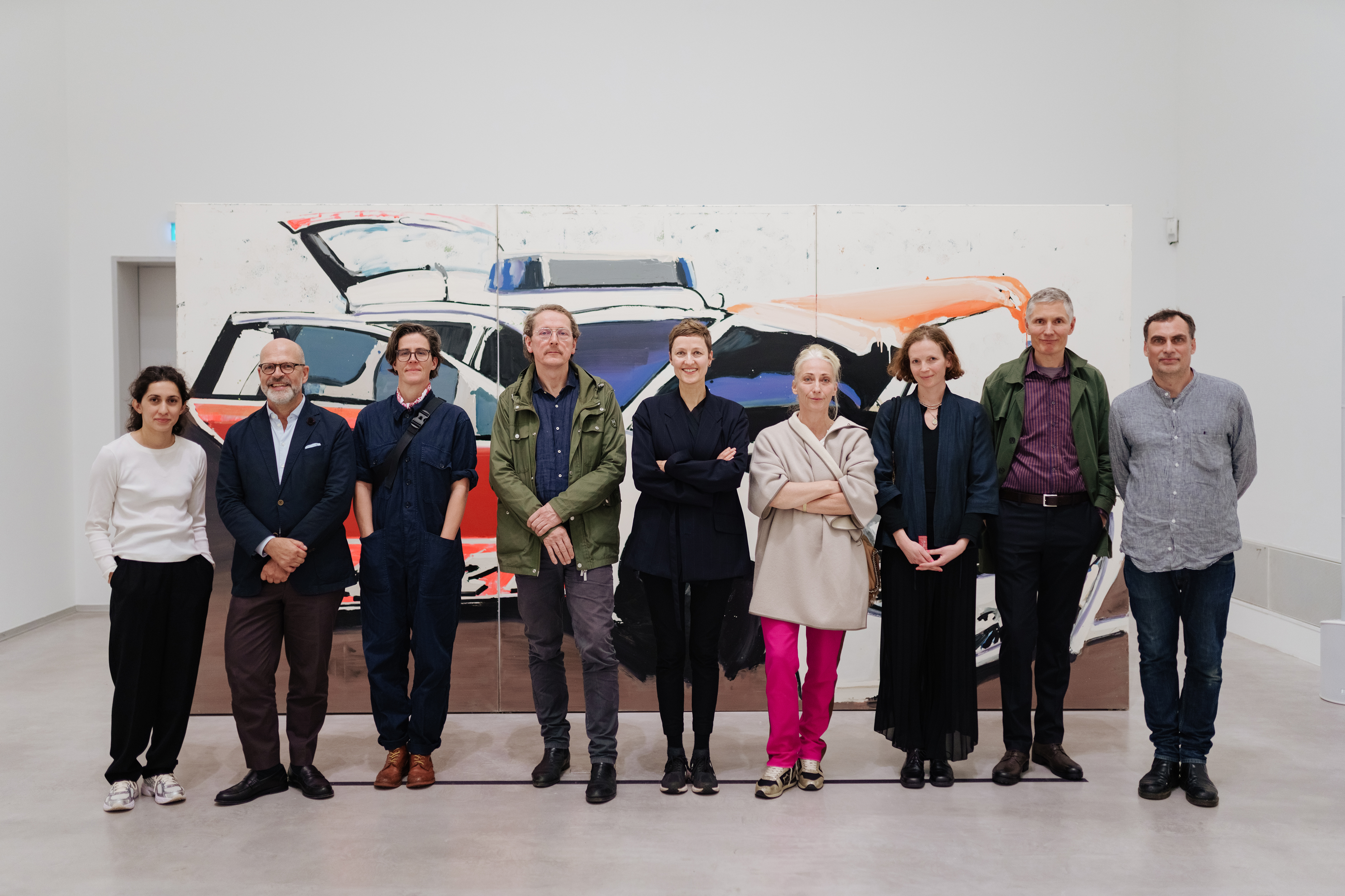 Tamina Amadyar (Künstlerin), Thomas Köhler (Direktor, Berlinische Galerie), Christine Streuli (Künstlerin), Olaf Holzapfel (Künstler), Stefanie Heckmann (Leitung Sammlung Bildende Kunst und Kuratorin der Ausstellung), Tatjana Doll (Künstlerin), Zora Mann (Künstlerin), Peter Stauss (Künstler) und Philip Grözinger (Künstler)