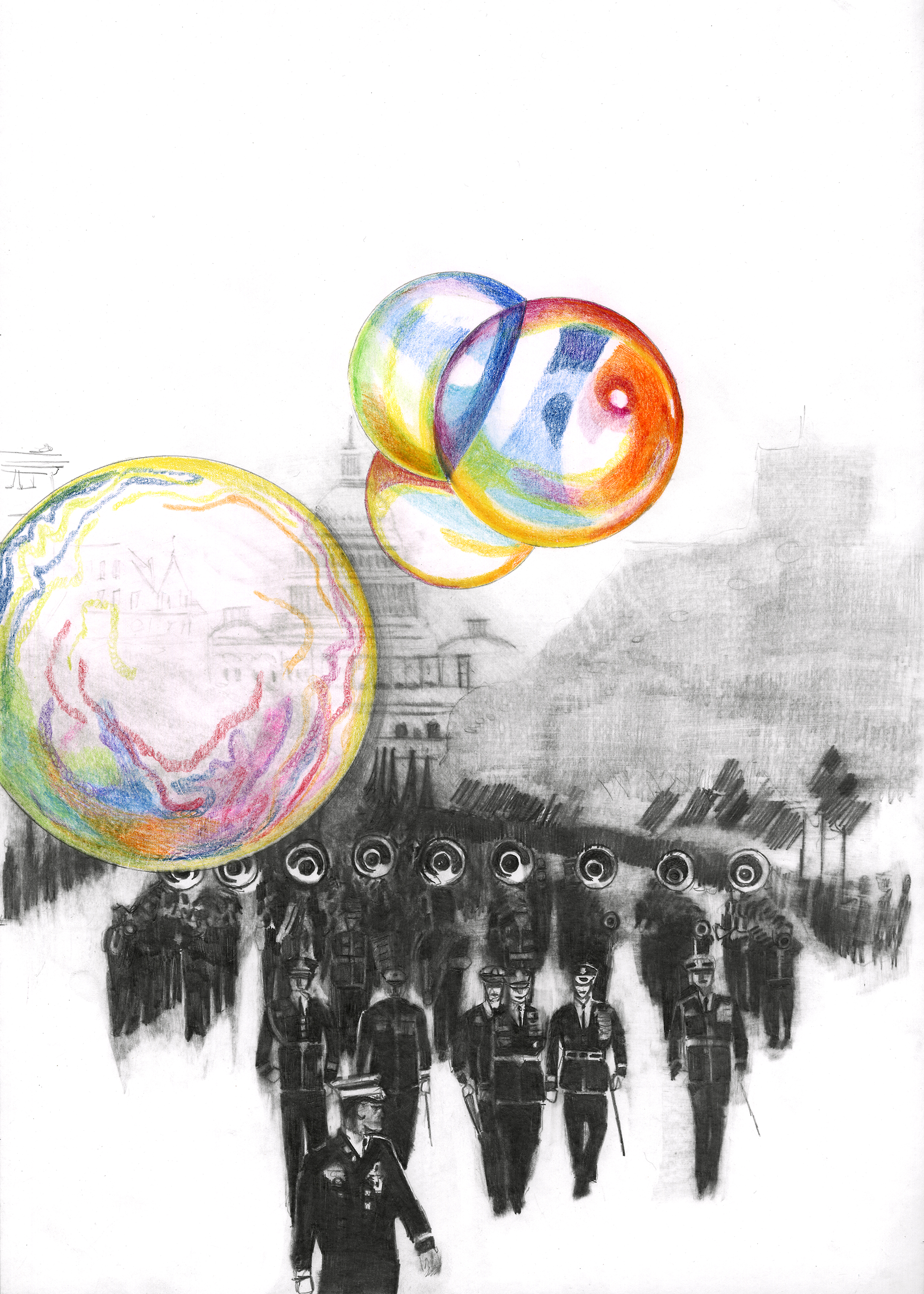 Marc Bauer, The Blow-Up Regime, Parade, 2020, Zeichnung, Farbstift und Bleistift auf Papier, 42 cm x 30 cm, © Marc Bauer. Courtesy the artist and Galerie Peter Kilchmann Marc Bauer, The Blow-Up Regime, Parade, 2020, Zeichnung, Farbstift und Bleistift auf Papier, 42 cm x 30 cm, © Marc Bauer. Courtesy the artist and Galerie Peter Kilchmann
