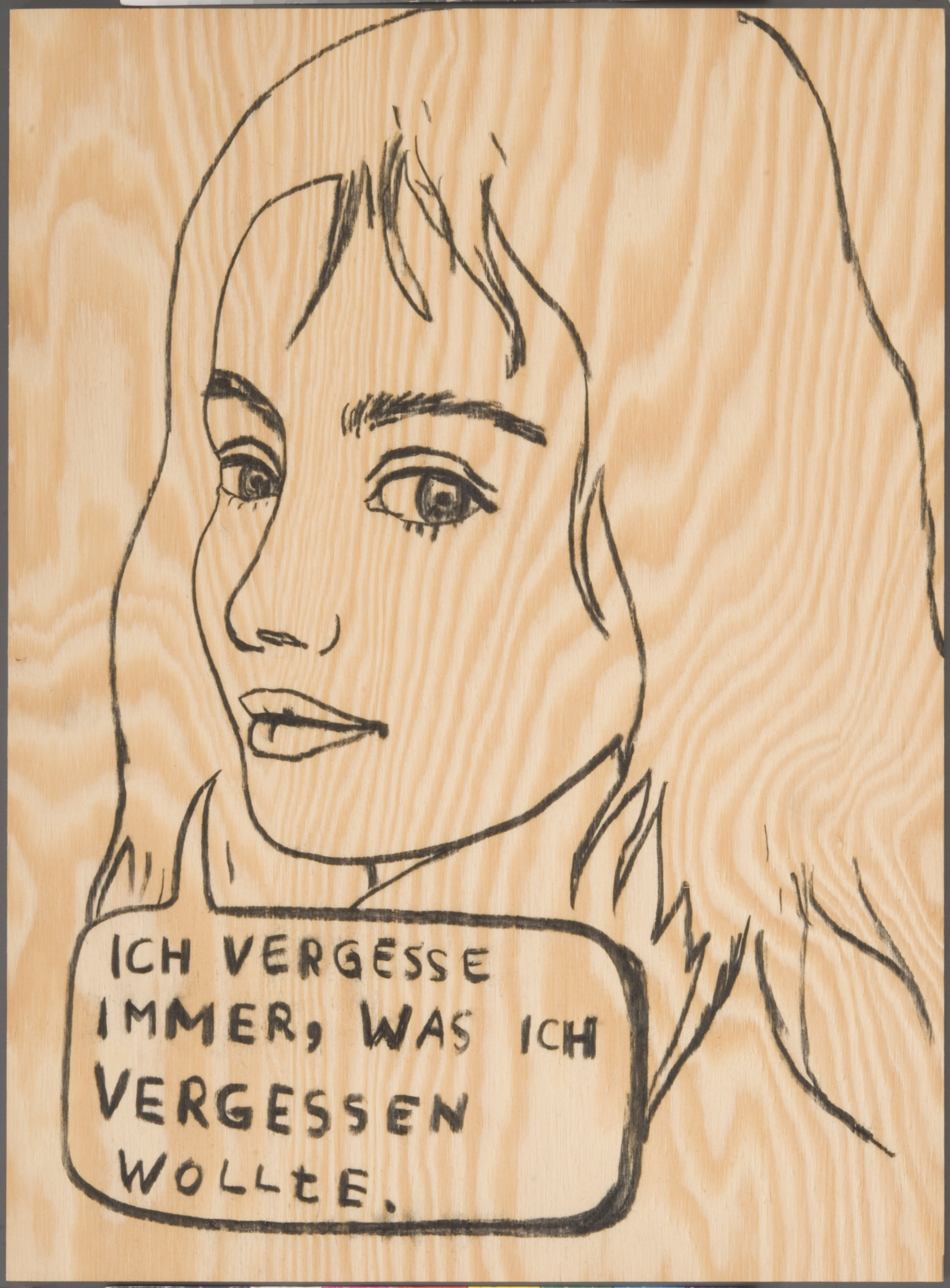 Antje Dorn, Ich vergesse immer, was ich vergessen wollte, 2002, aus: WOOD, Blatt 9 der Serie von 32 Kohlezeichnungen auf Sperrholz, 39,5 x 29,3 x 0,4 cm, © VG Bild-Kunst, Bonn 2020, Foto: Kai-Annett Becker Antje Dorn, Ich vergesse immer, was ich vergessen wollte, 2002, aus: WOOD, Blatt 9 der Serie von 32 Kohlezeichnungen auf Sperrholz, 39,5 x 29,3 x 0,4 cm, © VG Bild-Kunst, Bonn 2020, Foto: Kai-Annett Becker