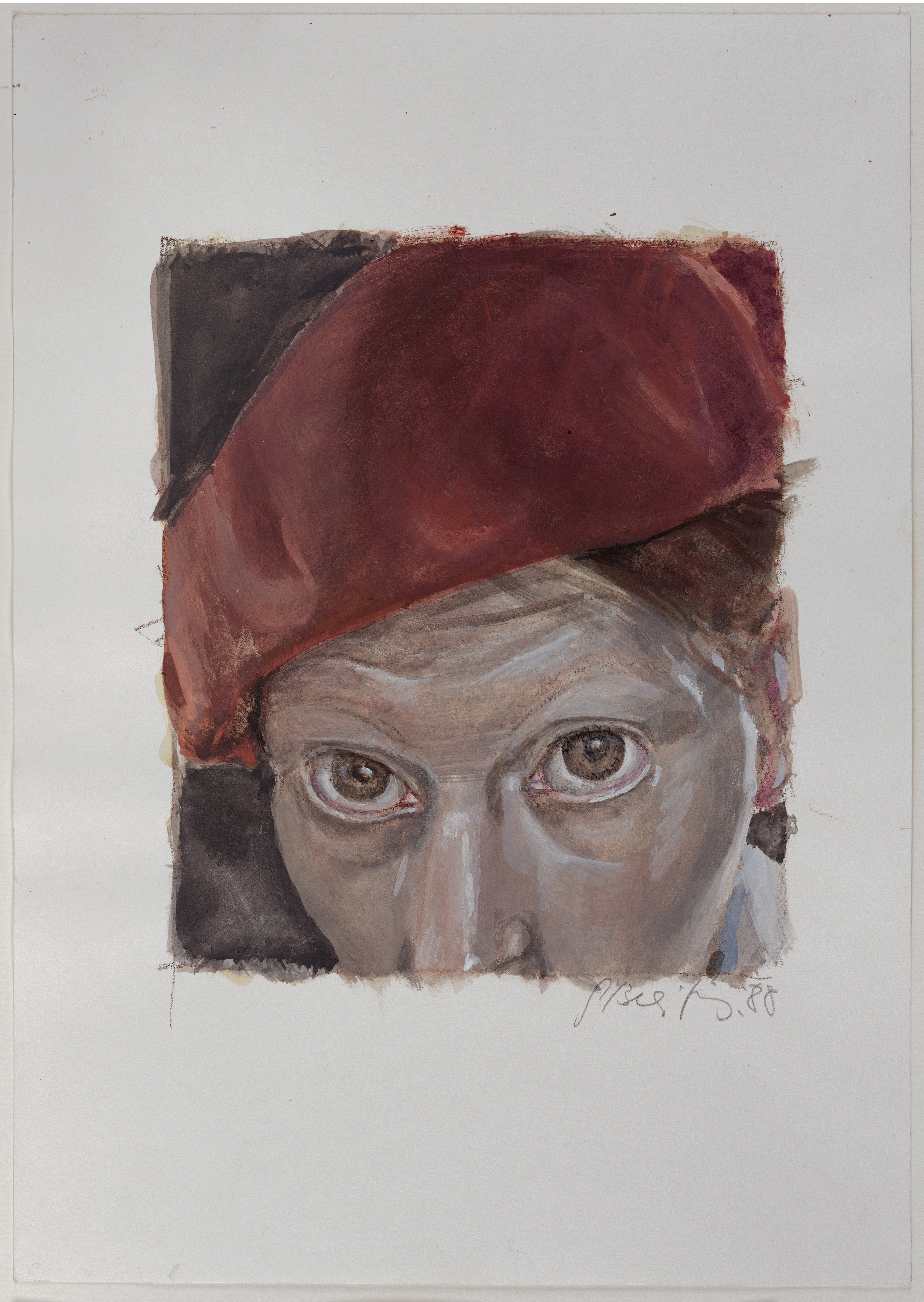 Gisela Breitling, Mit roter Baskenmütze, 1988, Gouache, Aquarell und Kreide auf Zeichenkarton, 34 x 24 cm, © VG Bild-Kunst, Bonn 2020, Foto: Anja Elisabeth Witte Gisela Breitling, Mit roter Baskenmütze, 1988, Gouache, Aquarell und Kreide auf Zeichenkarton, 34 x 24 cm, © VG Bild-Kunst, Bonn 2020, Foto: Anja Elisabeth Witte