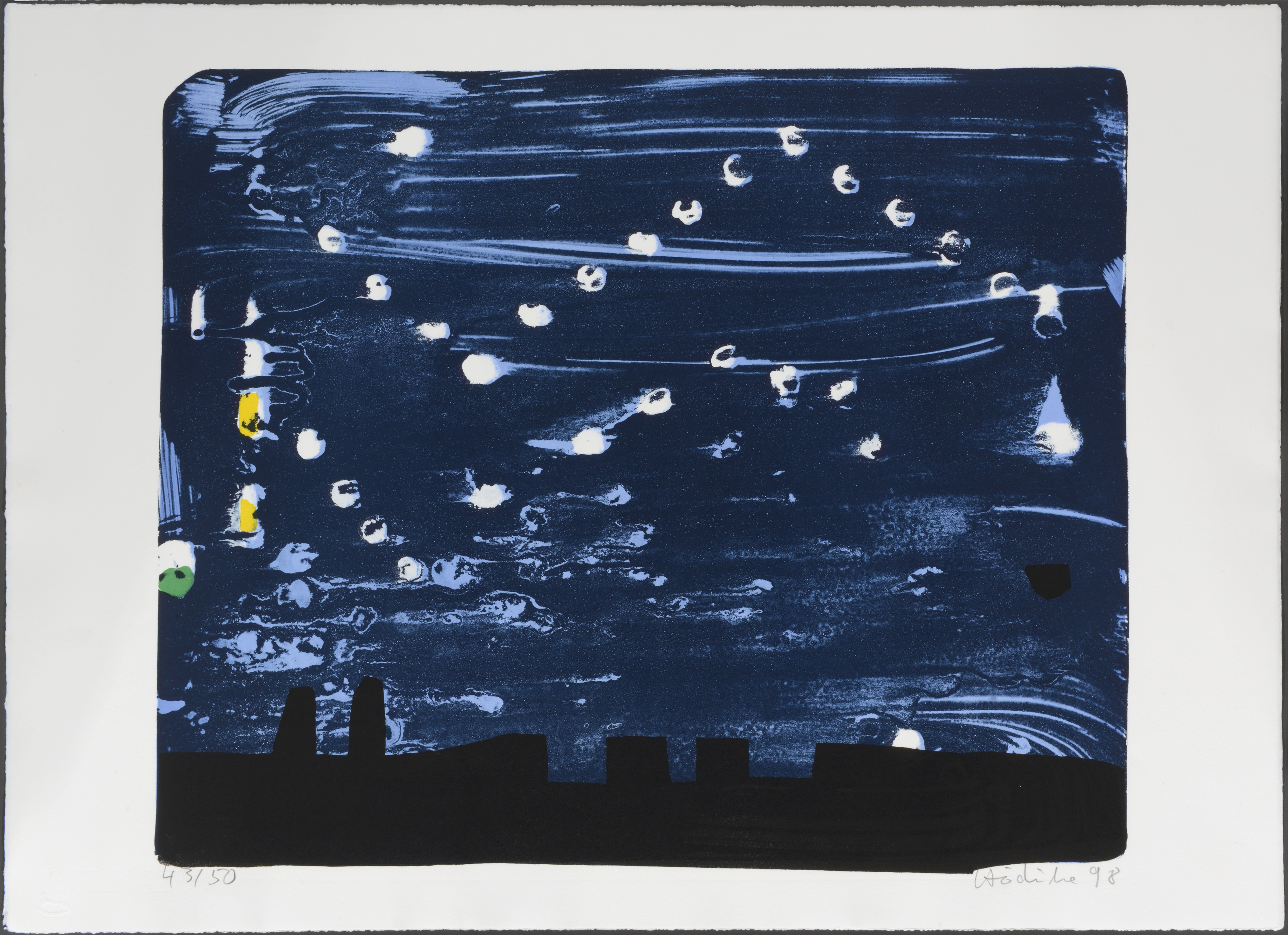 K. H. Hödicke, Nächtlicher Himmel, 1998, Farblithographie auf Zerkall-Bütten, 55,1 x 76 cm, © VG Bild-Kunst, Bonn 2020, Foto: Kai-Annett Becker K. H. Hödicke, Nächtlicher Himmel, 1998, Farblithographie auf Zerkall-Bütten, 55,1 x 76 cm, © VG Bild-Kunst, Bonn 2020, Foto: Kai-Annett Becker