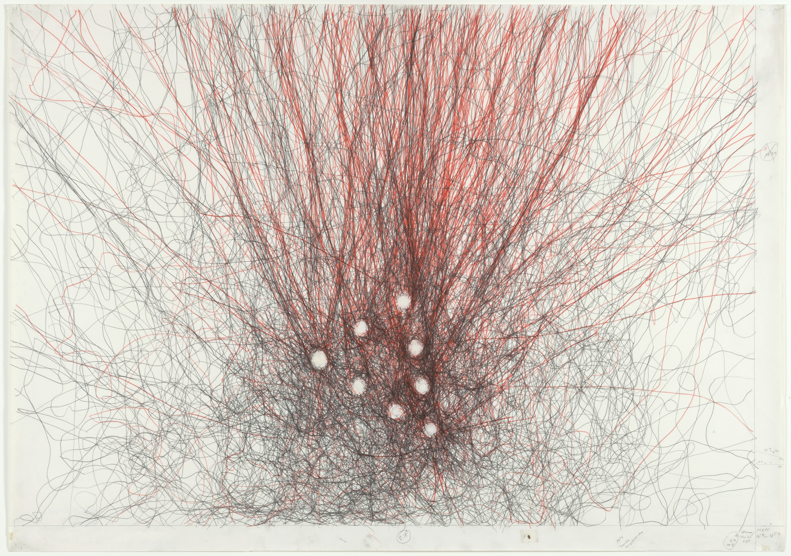 Katharina Meldner, Wege der Ameisen, 1985, Bleistift, roter Farbstift, Insekt und Tesastreifen auf Papier, 86 x 122 cm, © VG Bild-Kunst, Bonn 2020, Foto. Kai-Annett Becker Katharina Meldner, Wege der Ameisen, 1985, Bleistift, roter Farbstift, Insekt und Tesastreifen auf Papier, 86 x 122 cm, © VG Bild-Kunst, Bonn 2020, Foto. Kai-Annett Becker