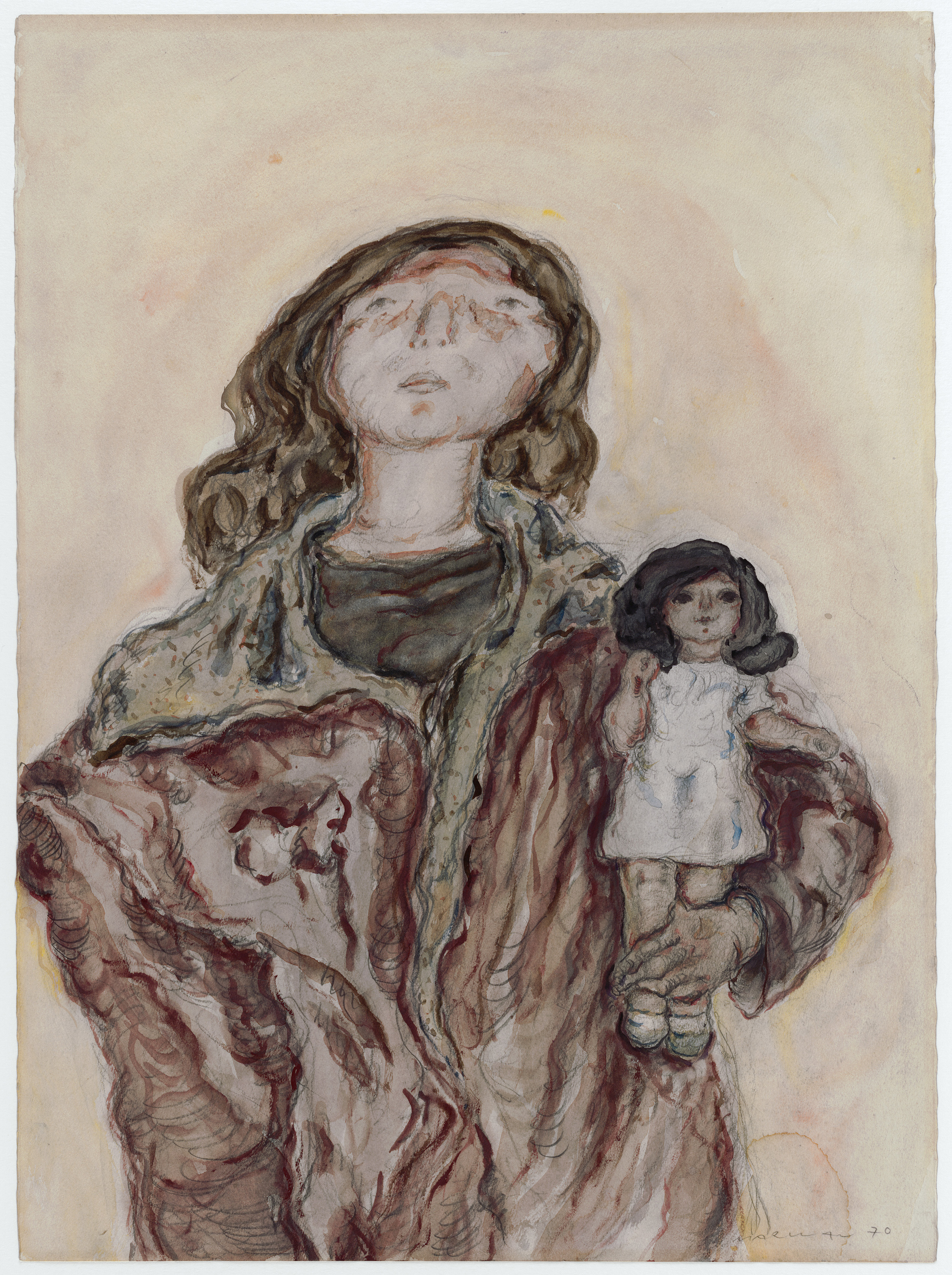 Marwan, Figur mit Puppe, 1970, Aquarell und Bleistift auf Bütten, 65,8 x 48,3 cm, © VG Bild-Kunst, Bonn 2020, Foto: Anja Elisabeth Witte Marwan, Figur mit Puppe, 1970, Aquarell und Bleistift auf Bütten, 65,8 x 48,3 cm, © VG Bild-Kunst, Bonn 2020, Foto: Anja Elisabeth Witte