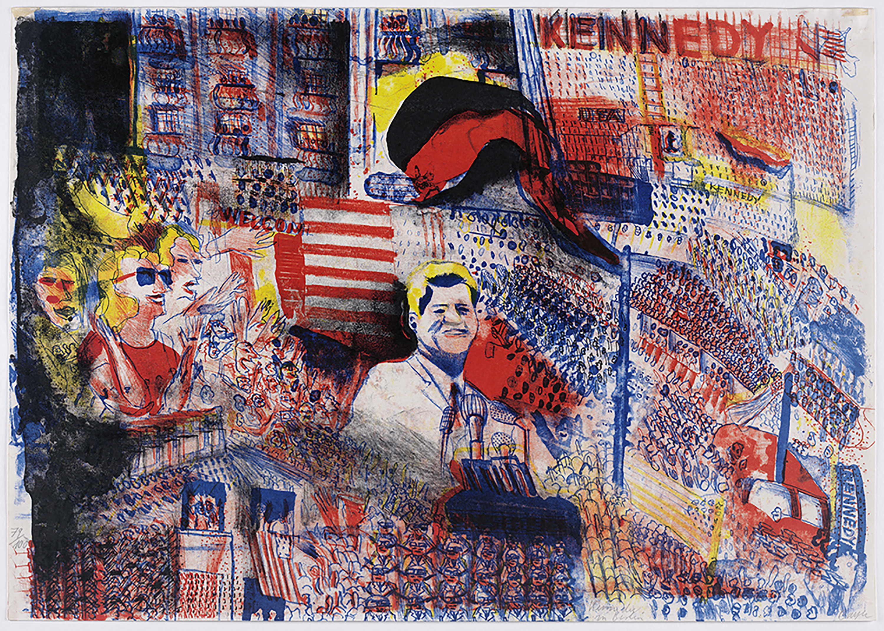 Thomas Bayrle, Kennedy in Berlin, 1964, Farblithografie, 43,1 x 61 cm, © VG Bild-Kunst, Bonn 2020, Foto: Anja Elisabeth Witte Thomas Bayrle, Kennedy in Berlin, 1964, Farblithografie, 43,1 x 61 cm, © VG Bild-Kunst, Bonn 2020, Foto: Anja Elisabeth Witte