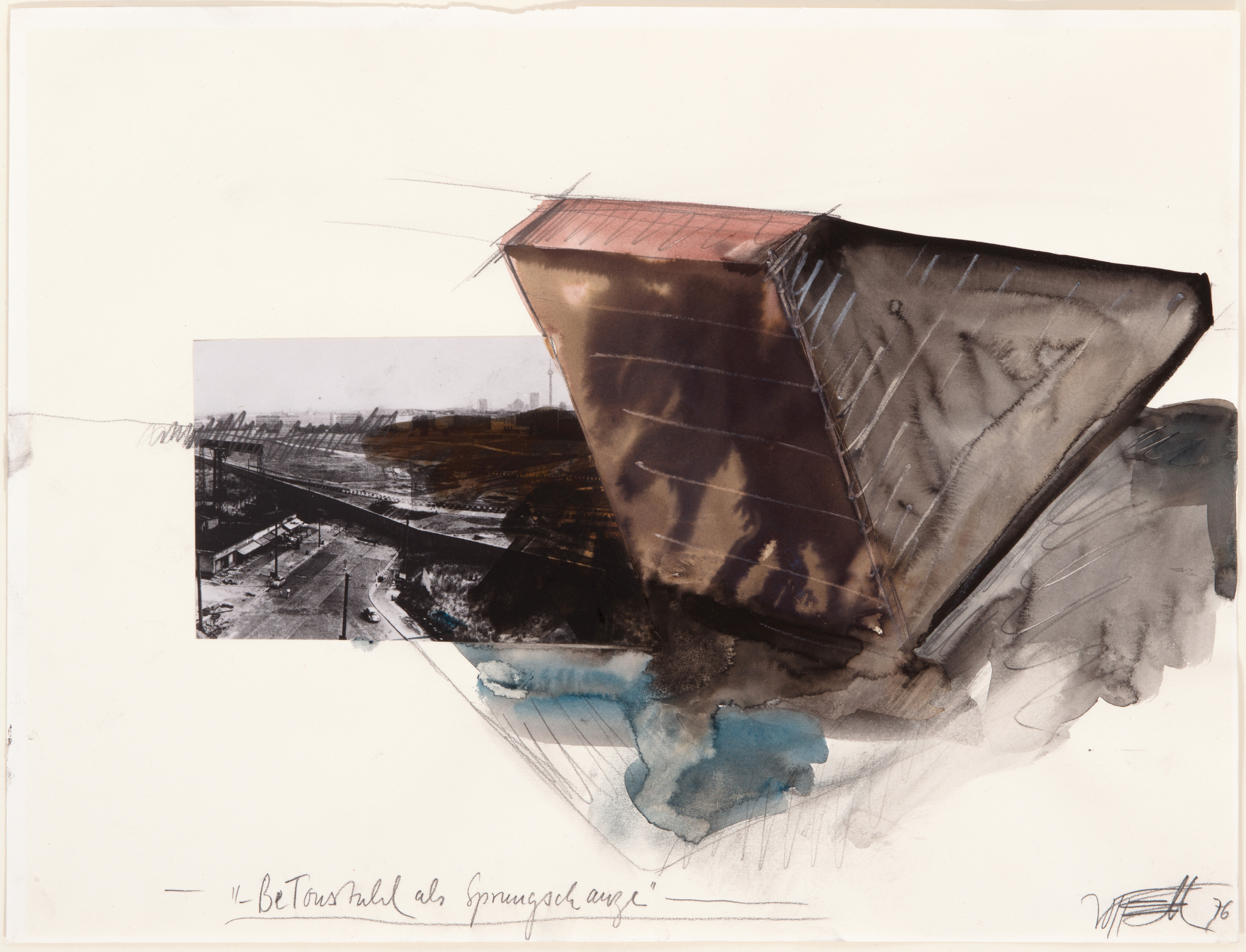 Wolf Vostell, Betonstuhl als Sprungschanze, Blatt 4 aus dem 5-teiligen Zyklus „Berliner Stadtlandschaften“, 1976, Collage und Aquarell, 36 x 50 cm, © VG Bild-Kunst, Bonn 2020, Foto: Kai-Annett Becker Wolf Vostell, Betonstuhl als Sprungschanze, Blatt 4 aus dem 5-teiligen Zyklus „Berliner Stadtlandschaften“, 1976, Collage und Aquarell, 36 x 50 cm, © VG Bild-Kunst, Bonn 2020, Foto: Kai-Annett Becker